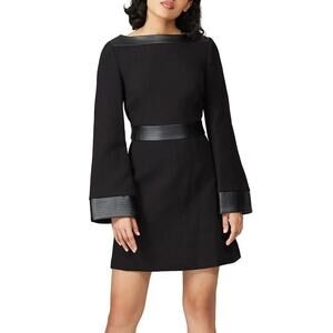 Toccin Faux Leather Trim Dress Long Sleeve Mini A-Line Moto Retro Black 6